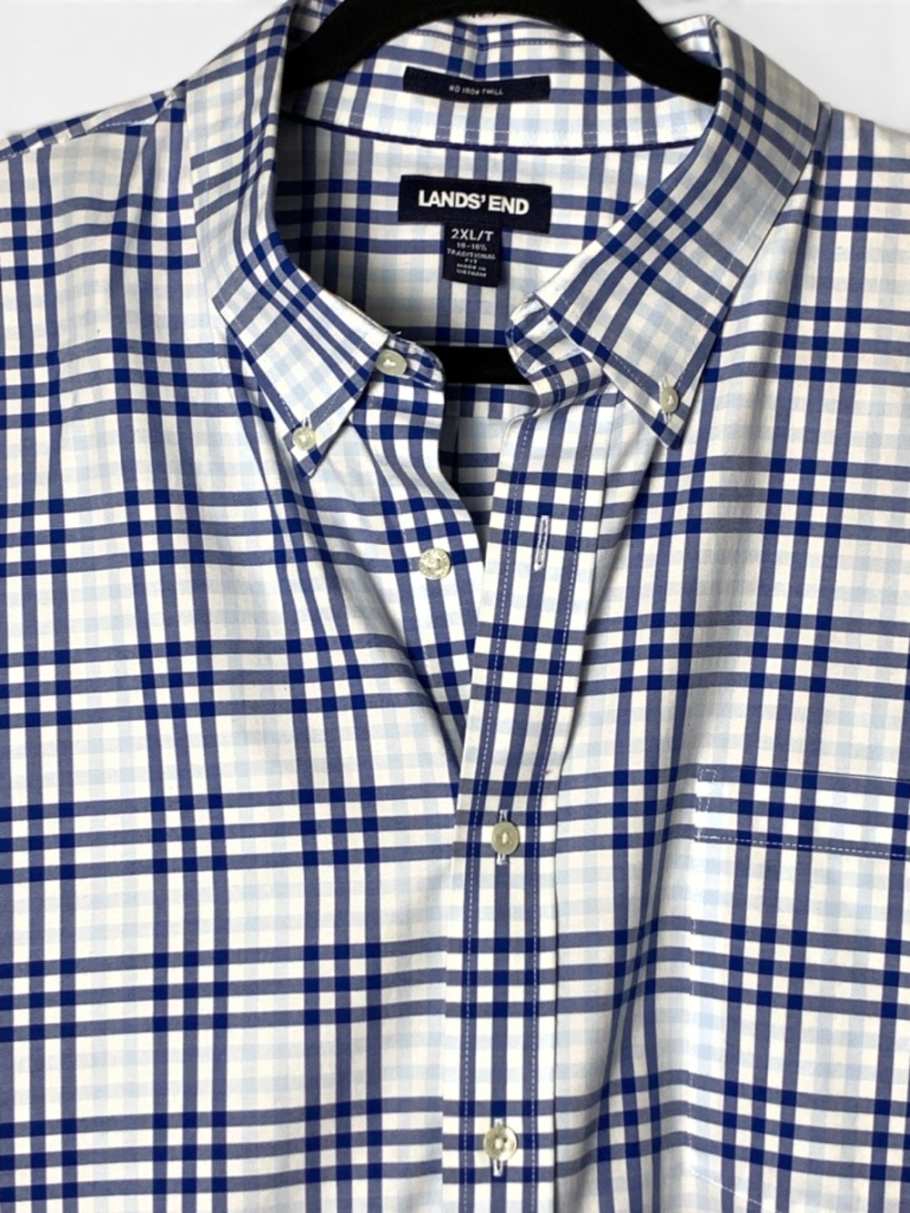 Lands End Mens 2XLT Blue Plaid No Iron Twill Short Sleeve Button Shirt Tall - Picture 5 of 16